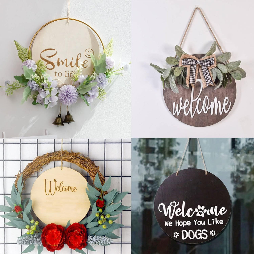 Four decorative round wooden signs with various floral and text embellishments for home decor.