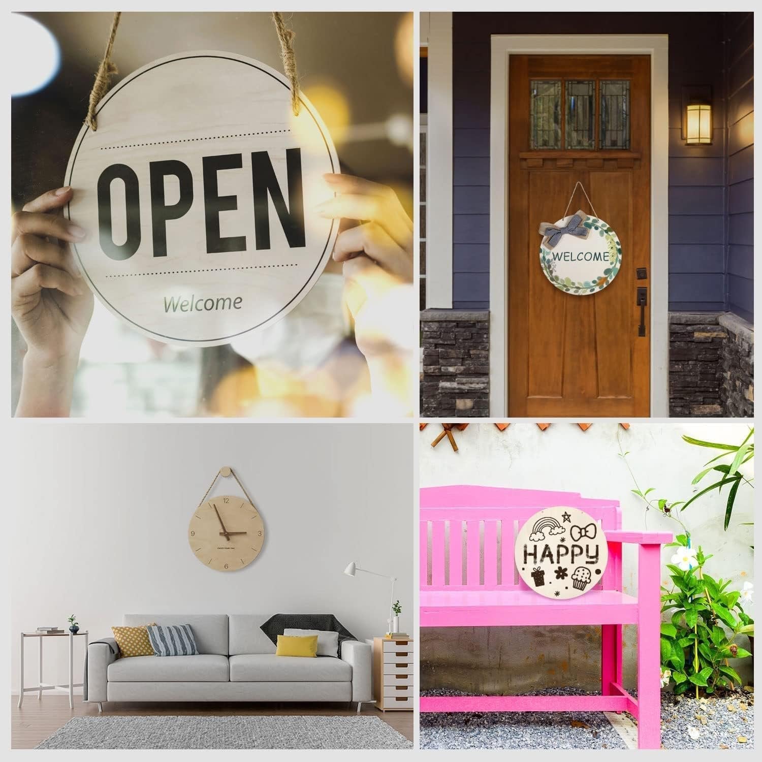 Collage of four images showing decorative wooden signs and a clock.