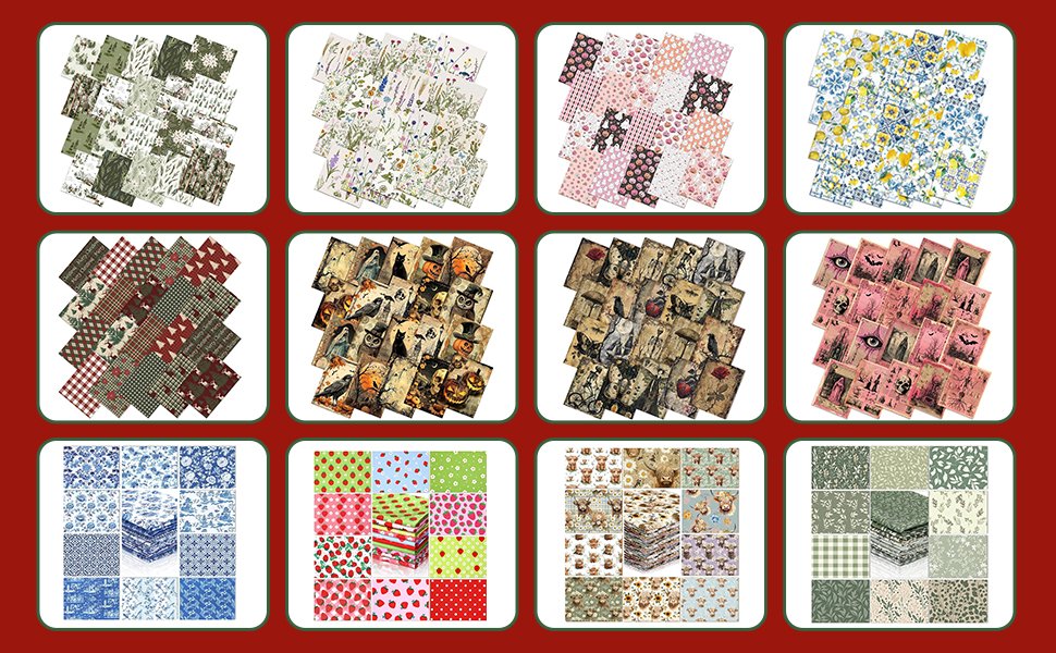 Collage of fabric bundles with various patterns including botanical leaves, plaid, flowers, Halloween themes, strawberries, cows, and blue floral designs.