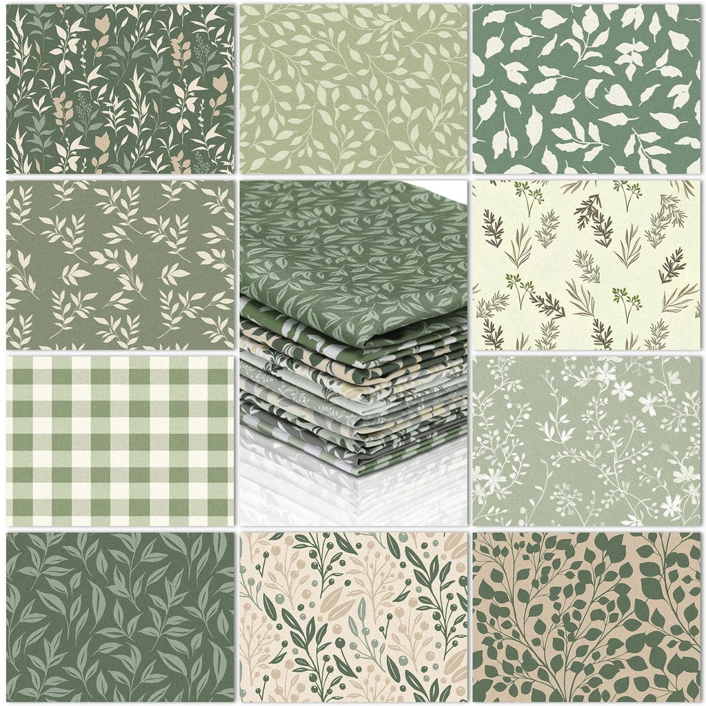 Collage of ten sage green fabric fat quarters with botanical and plaid patterns. Stacked fabric in center.