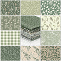 Collage of ten sage green fabric fat quarters with botanical and plaid patterns. Stacked fabric in center.