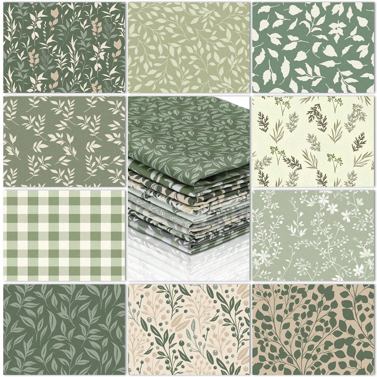 Collage of ten sage green fabric fat quarters with botanical and plaid patterns. Stacked fabric in center.