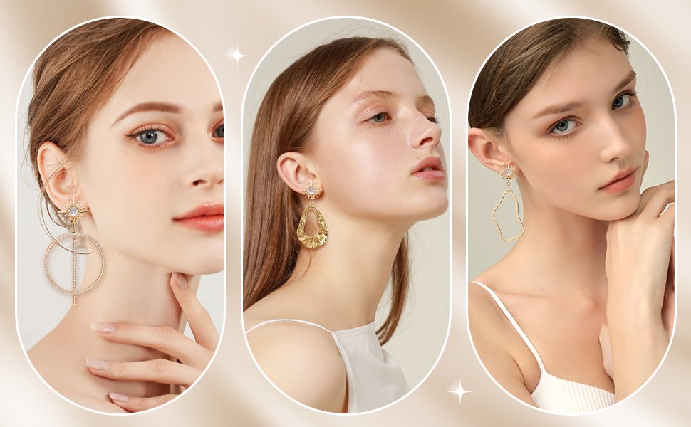 Three women modeling different styles of gold-plated drop earrings with cubic zirconia accents.