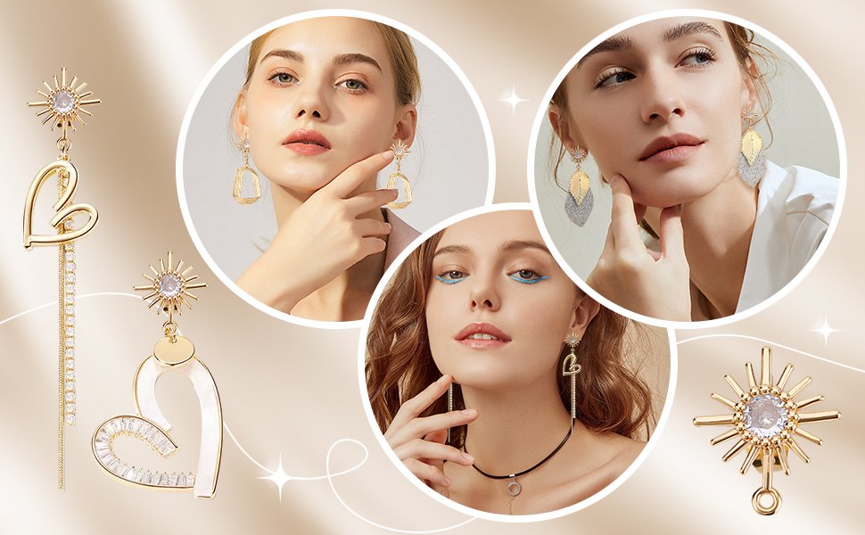 Collage of women wearing gold and crystal drop earrings, with close-ups of earring designs.
