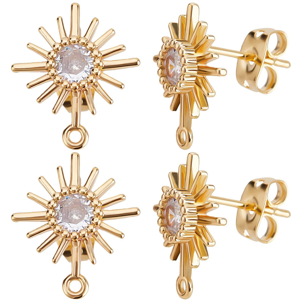 Four views of a gold-plated sun-shaped earring finding with a clear cubic zirconia stone and a loop for jewelry making.