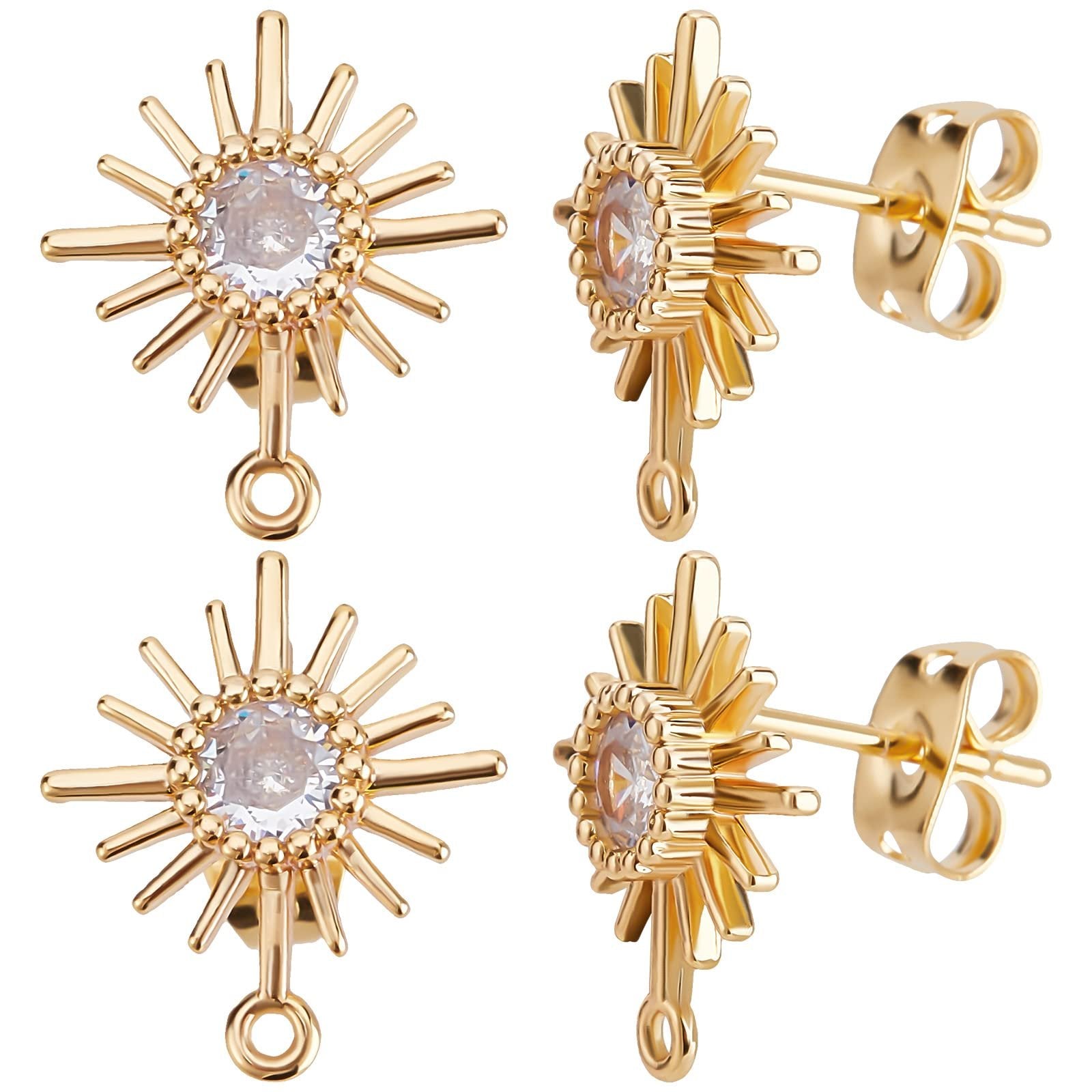 Four views of a gold-plated sun-shaped earring finding with a clear cubic zirconia stone and a loop for jewelry making.