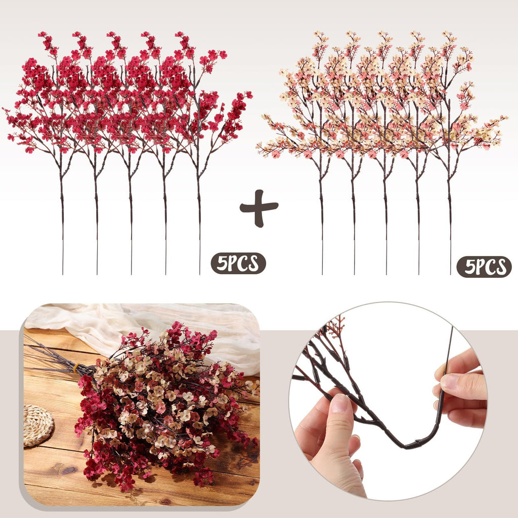 Ten artificial baby's breath flower stems, five red and five cream, arranged in two groups with a plus sign and '5PCS' labels, plus a bouquet and close-up of stem.