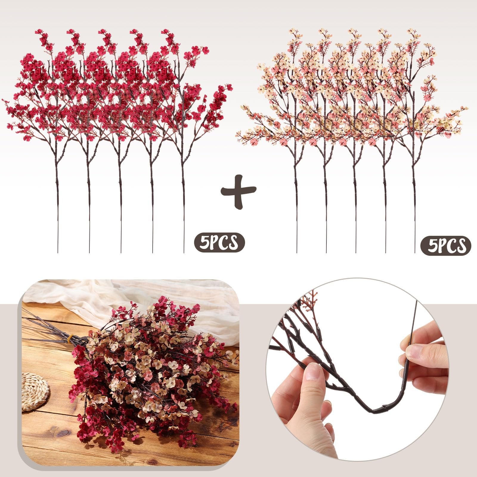 Ten artificial baby's breath flower stems, five red and five cream, arranged in two groups with a plus sign and '5PCS' labels, plus a bouquet and close-up of stem.