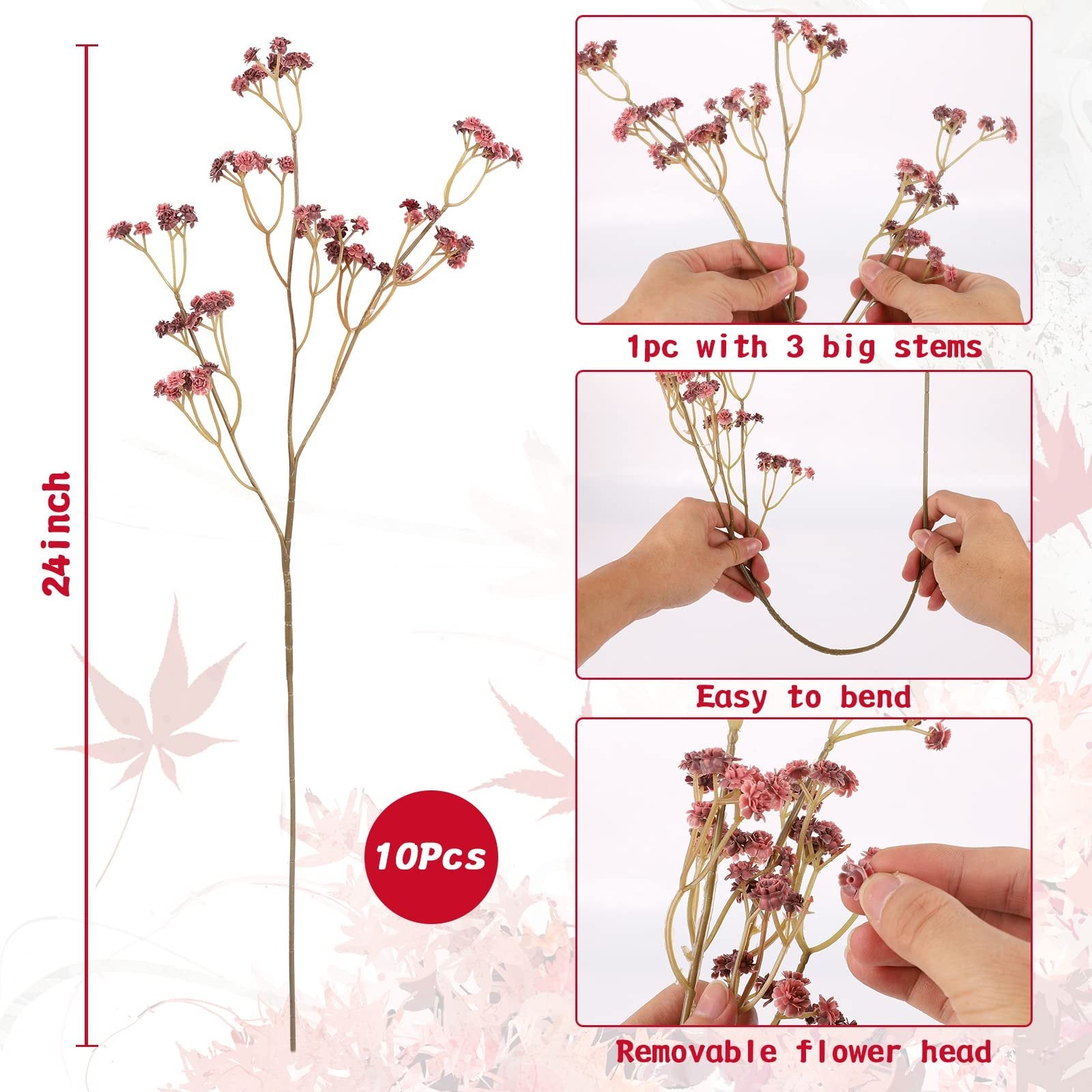 Artificial baby's breath flowers with bendable stems, showing size and details.