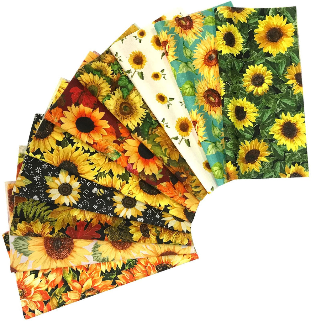 Ten 25x25cm cotton fabric squares with various sunflower prints fanned out against a white background.