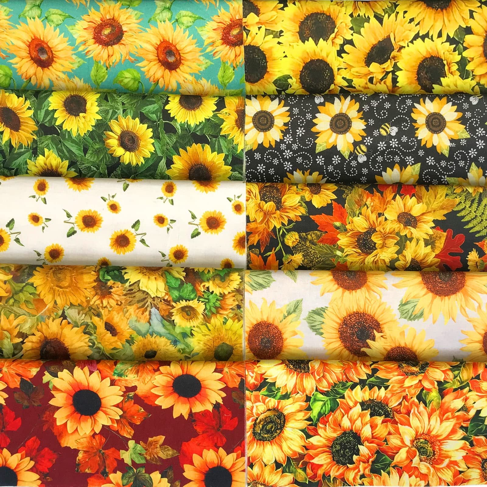 Collage of 10 different sunflower fabric patterns, each 25x25cm, for quilting and sewing projects.