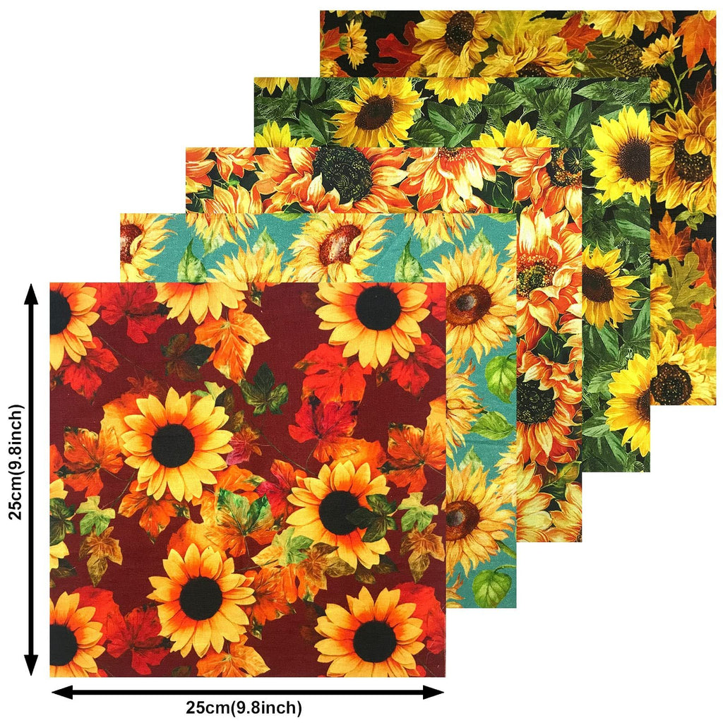 Stack of five 25cm cotton fabric squares with sunflower and autumn leaf prints