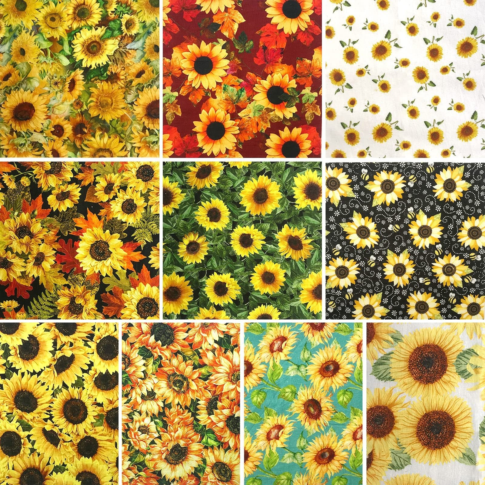 Collage of ten different sunflower fabric patterns for quilting and sewing