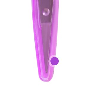 Close-up of the tip of a purple craft scissor with a protective cover, showing the pointed stainless steel blades.