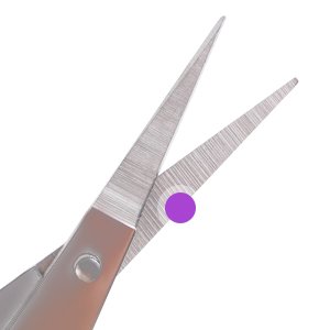 Close-up of two small craft scissors with pointed stainless steel blades against a white background.