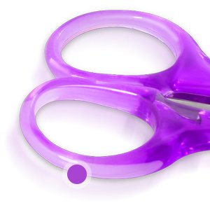 Close-up of purple craft scissors handles on a white background, showing the loop shape and smooth finish.