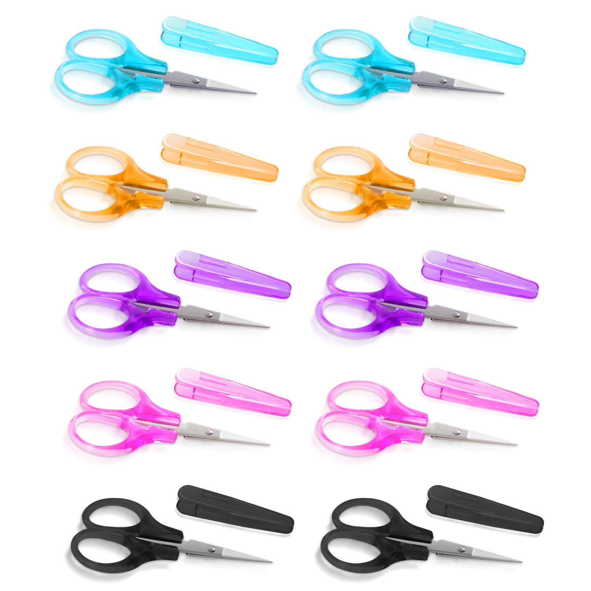 Set of 10 small craft scissors in blue, orange, purple, pink, and black, each with a protective cover.
