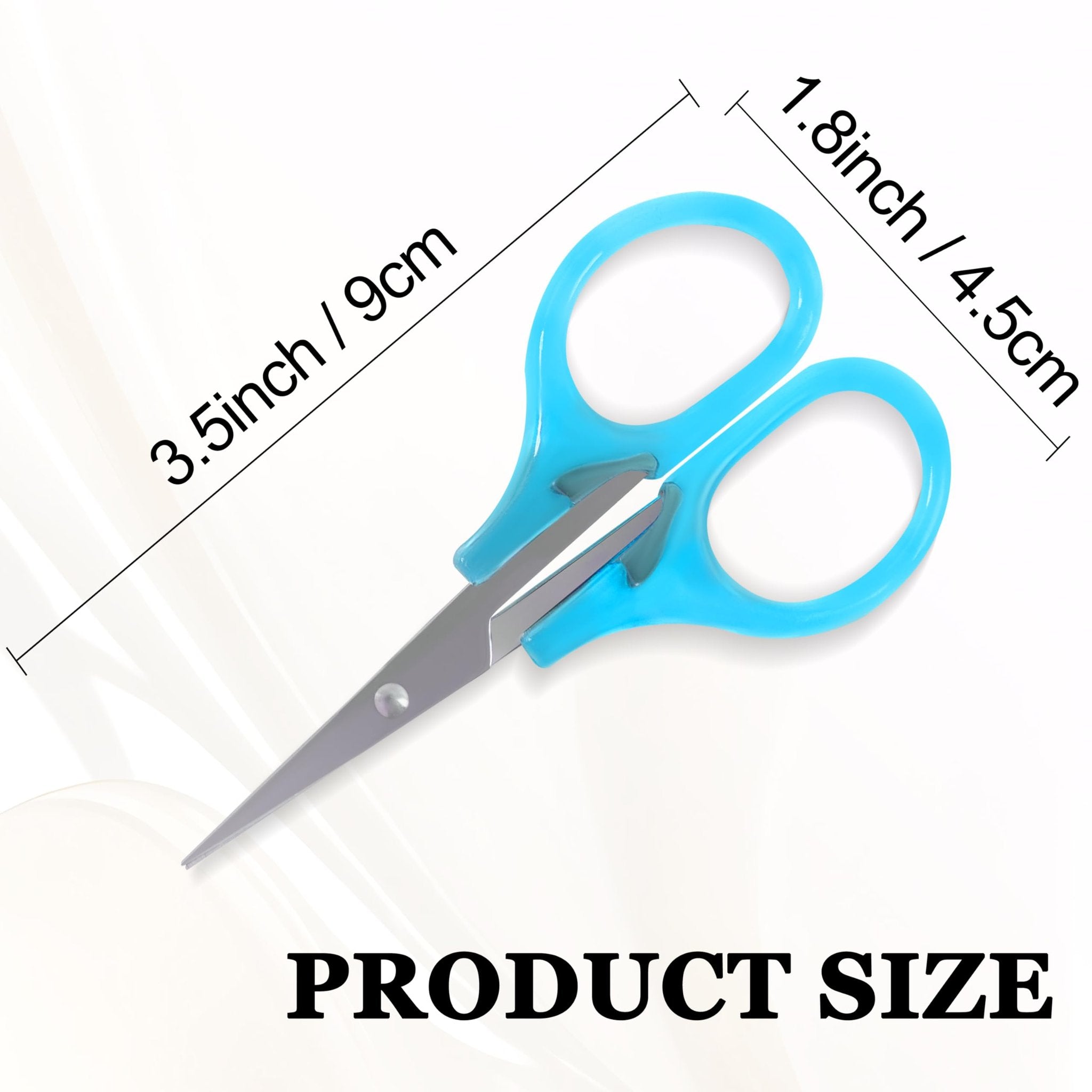 Blue craft scissors with stainless steel blades shown with size dimensions 3.5 inches and 1.8 inches.