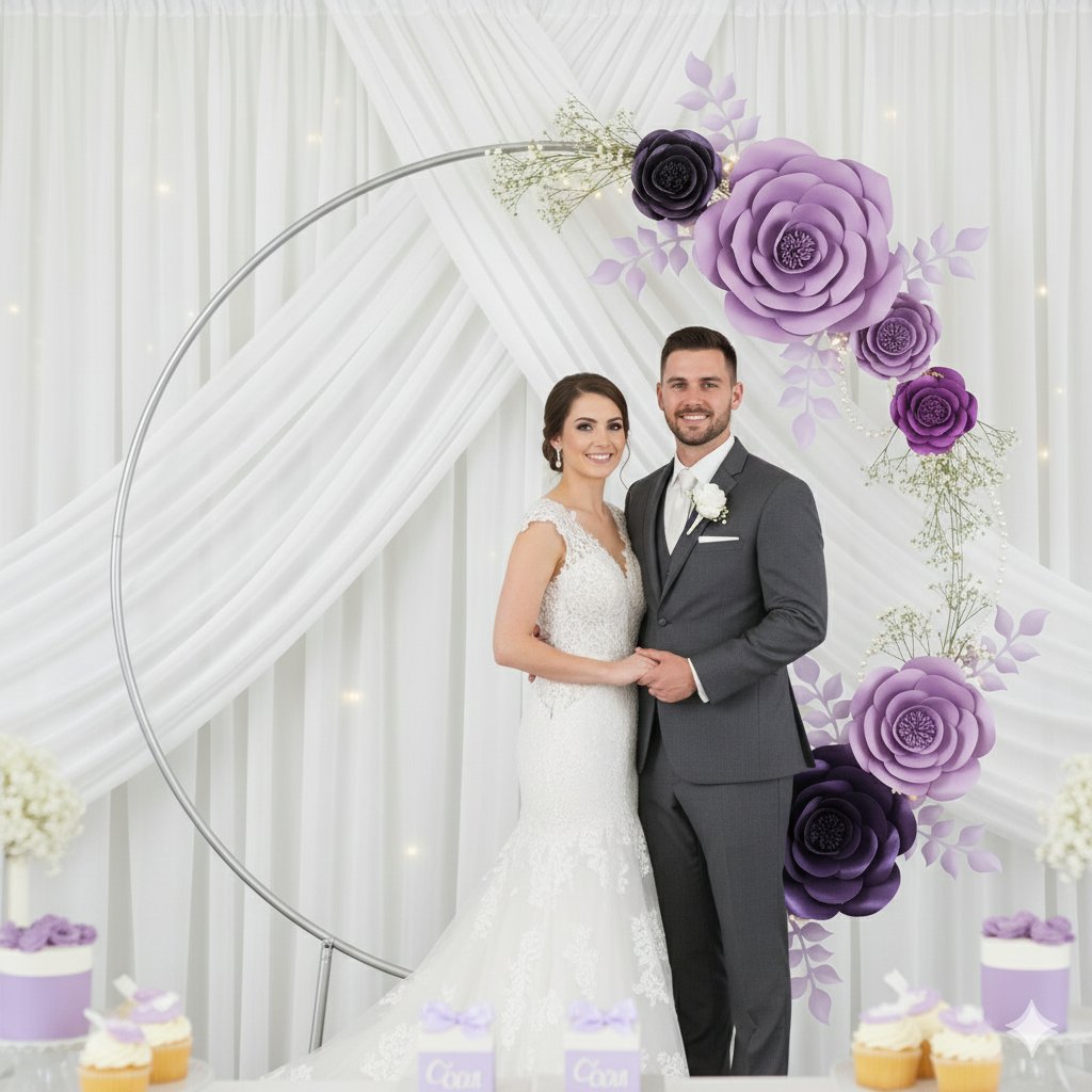 Wedding couple posing in front of a backdrop decorated with purple paper flowers and a circular arch.