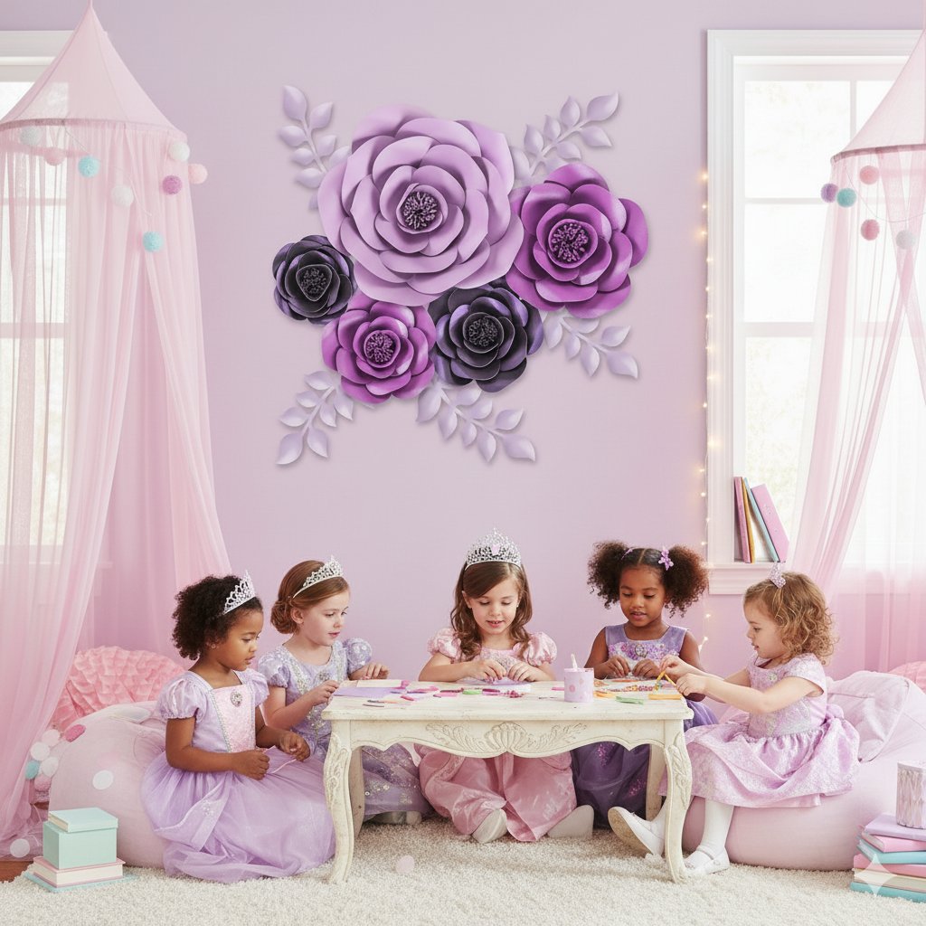 Five young girls in princess dresses and tiaras sit around a table, crafting, with purple paper flowers on the wall behind them.