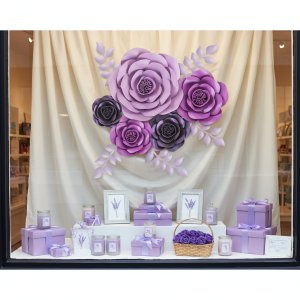 Purple and lavender paper flowers and leaves arranged on a cream curtain backdrop with various gift boxes, candles, and a basket of flowers below.