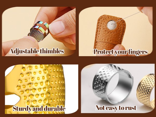 Four close-up views of adjustable finger protectors for sewing, showing different styles and materials.