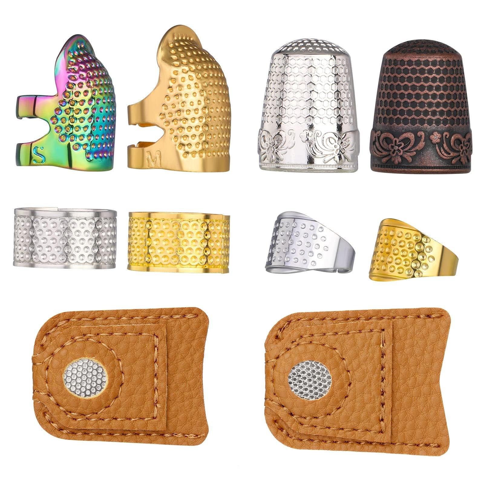 Assortment of sewing thimbles and finger protectors in various metals and leather