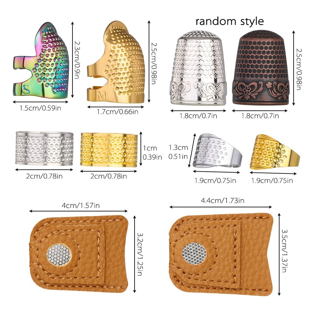 Set of various finger protectors and thimbles for sewing, with dimensions labeled in cm and inches.
