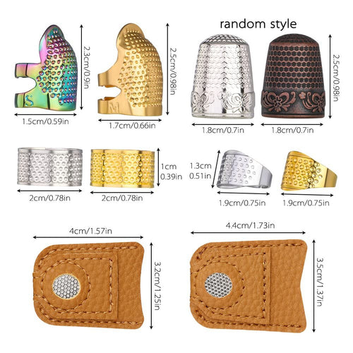 Set of various finger protectors and thimbles for sewing, with dimensions labeled in cm and inches.