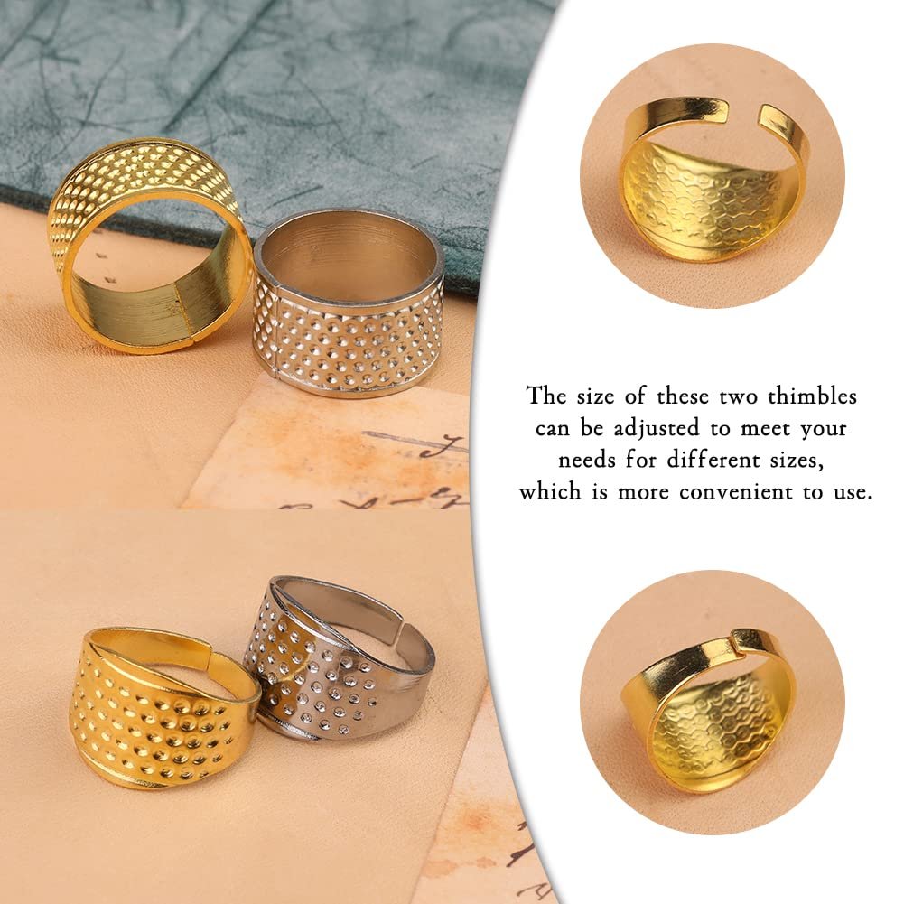 Set of four adjustable metal thimbles for hand sewing, two gold and two silver, shown from multiple angles.