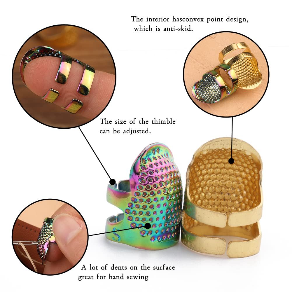 Two adjustable finger protectors for hand sewing, one iridescent and one gold, with close-up insets showing features.