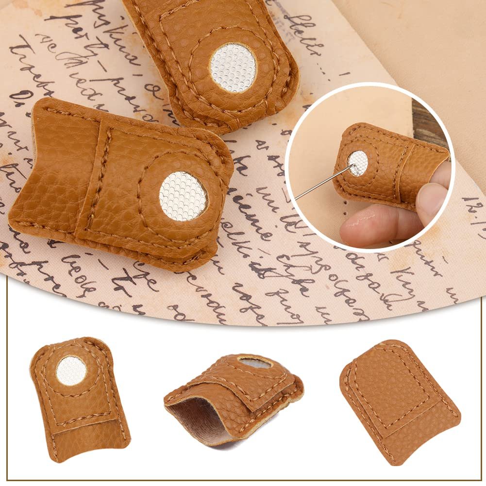 Brown leather finger protectors with metal discs for hand sewing, shown from multiple angles and in use with a needle.