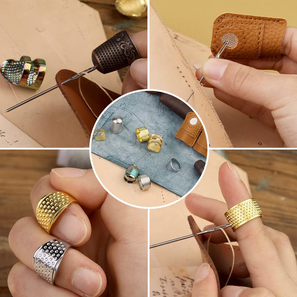 Collage of finger protectors and sewing thimbles for handcrafts. Close-ups show thimbles on fingers, sewing leather, and a variety of thimbles.