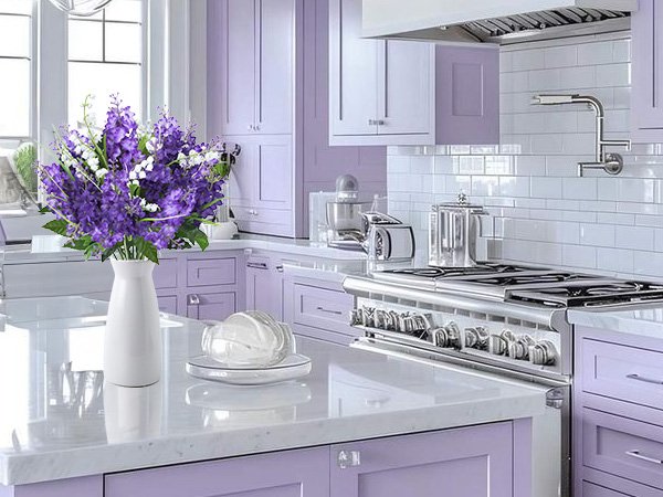 Purple and white artificial flowers in a white vase on a kitchen counter with lilac cabinets and a stainless steel range.