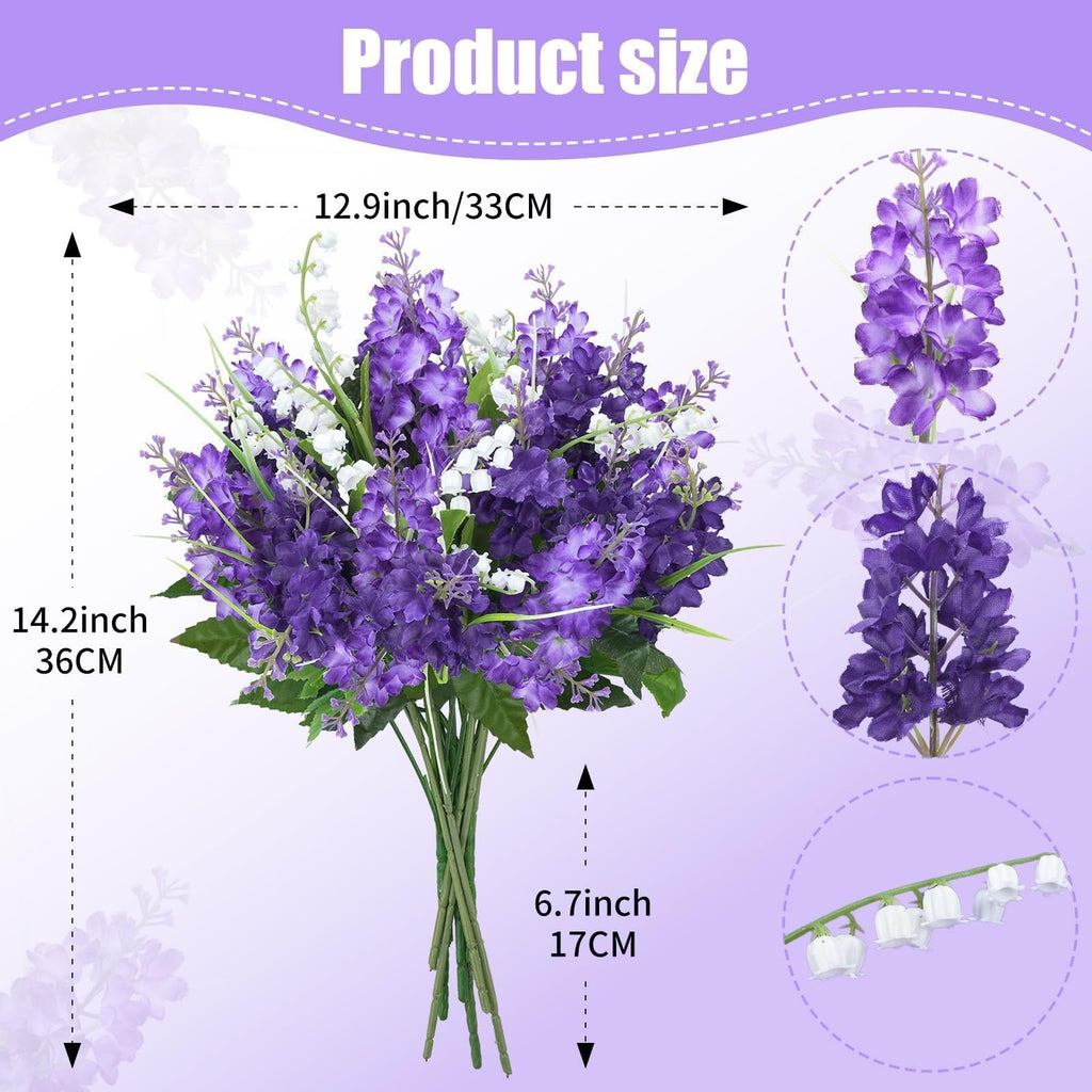 Artificial purple lilac and white campanula flower bouquet with size dimensions indicated.