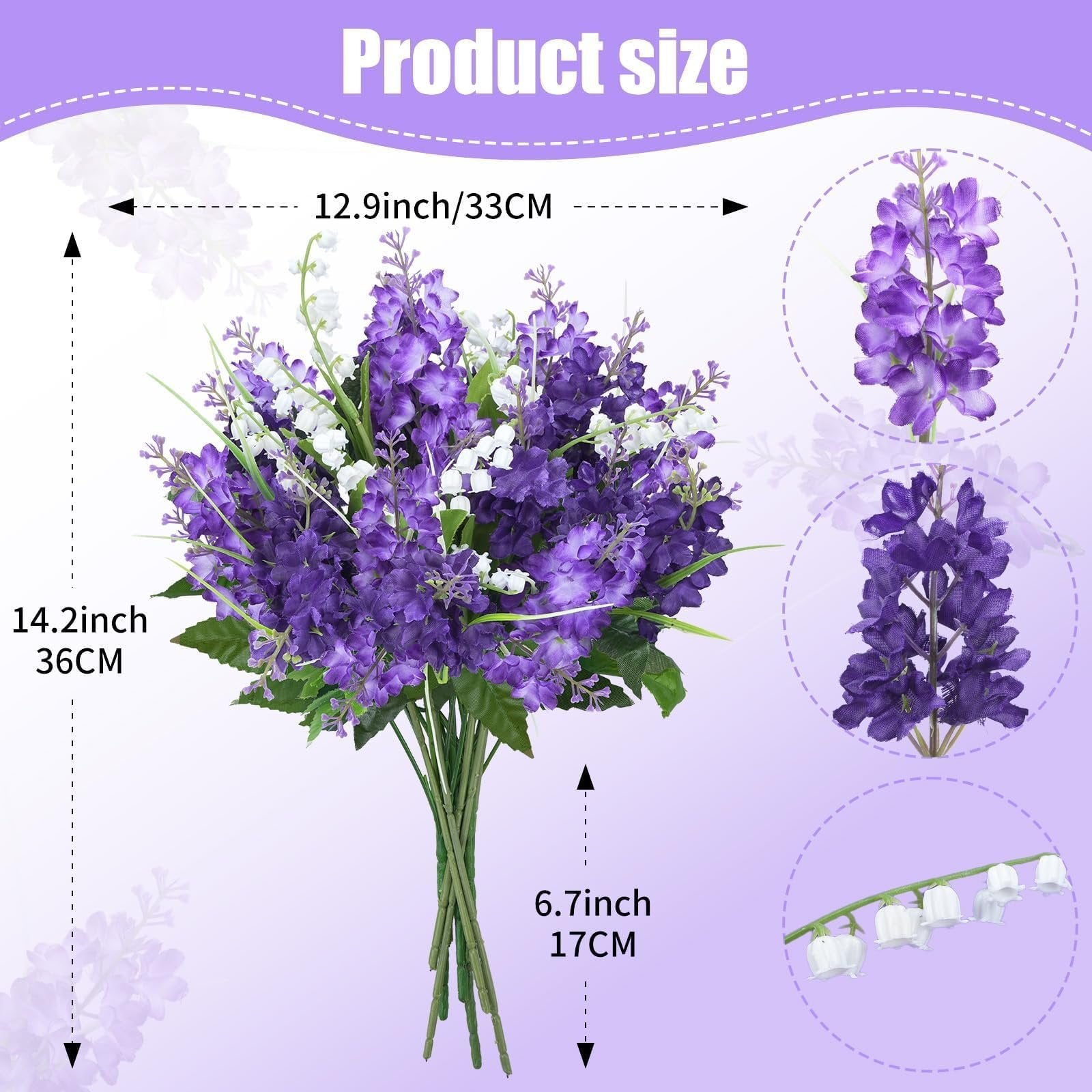 Artificial purple lilac and white campanula flower bouquet with size dimensions indicated.
