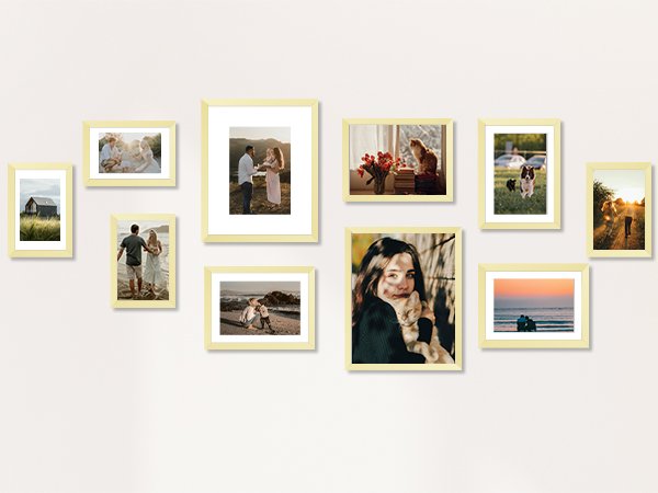 Gallery wall display of ten yellow-framed pictures showing various lifestyle and family scenes.