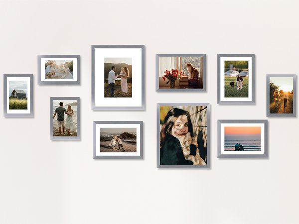 Collage of ten silver picture frames displaying various lifestyle photos on a white wall.