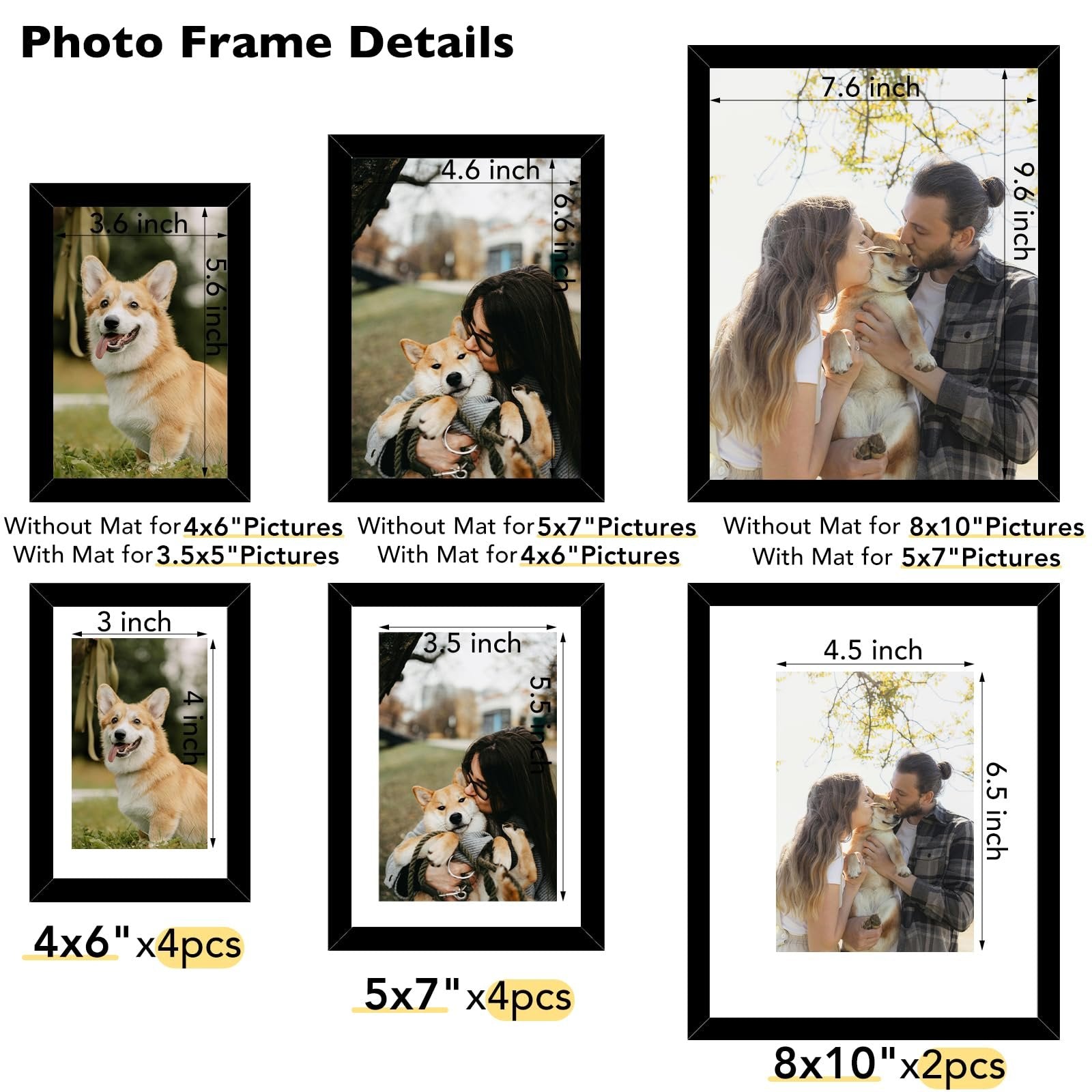 Collage of black photo frames showing different sizes and picture placements with dimensions labeled.