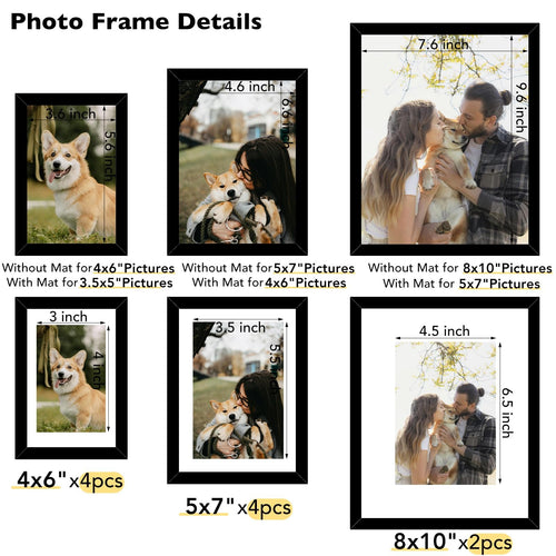 Collage of black photo frames showing different sizes and picture placements with dimensions labeled.