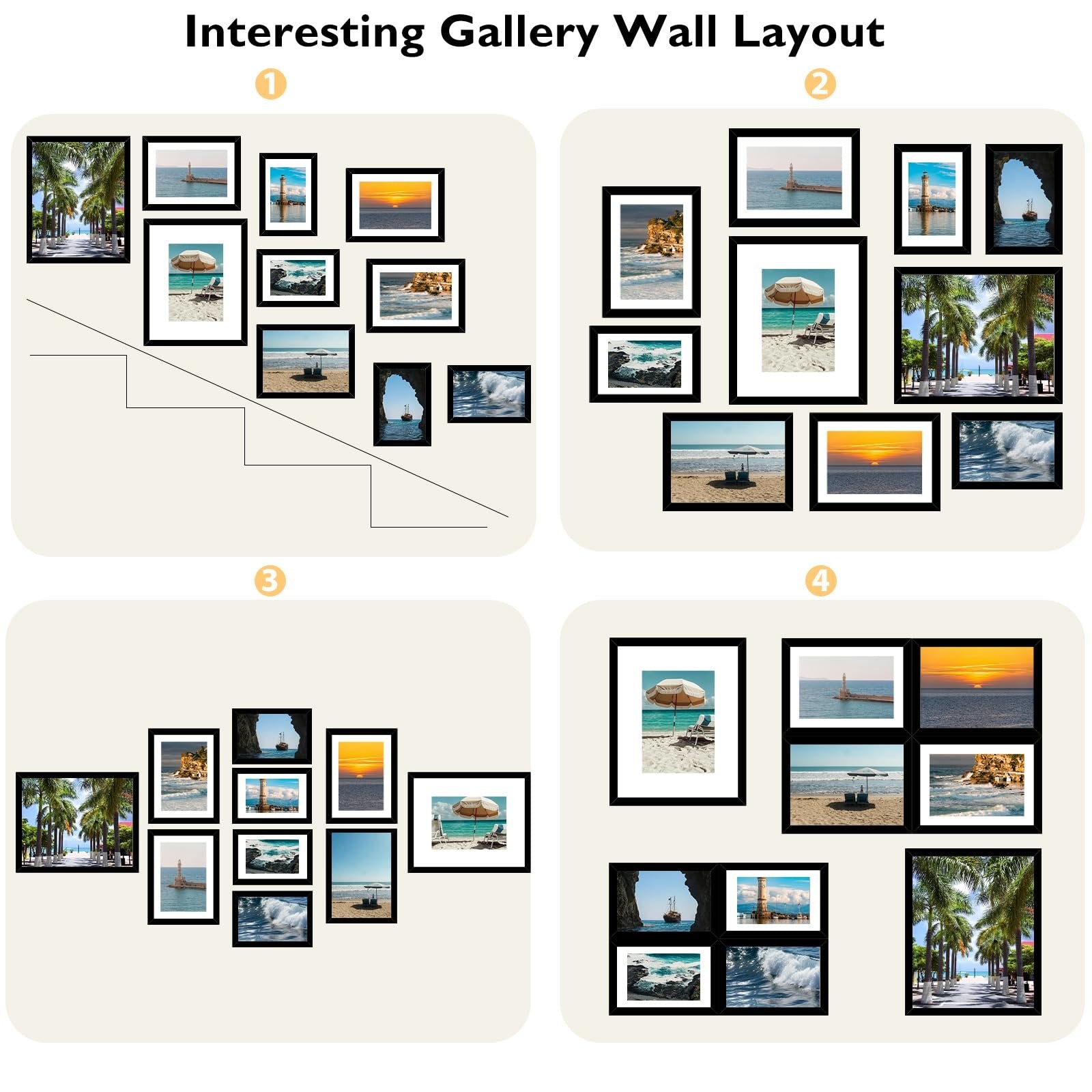 Four gallery wall layout examples with beach and ocean scenes in black frames.