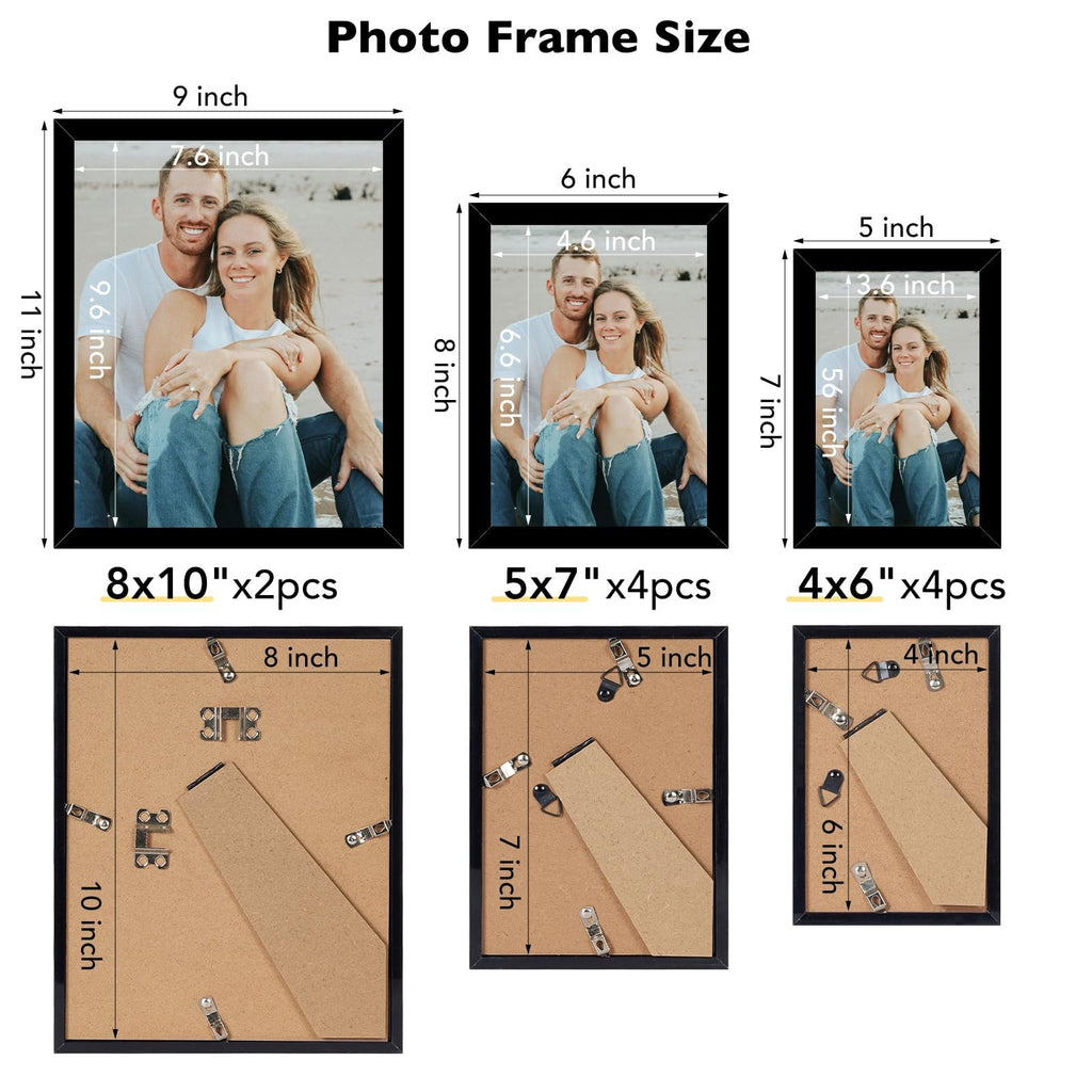 Collage photo frame sizes and back views showing dimensions for 8x10, 5x7, and 4x6 frames.