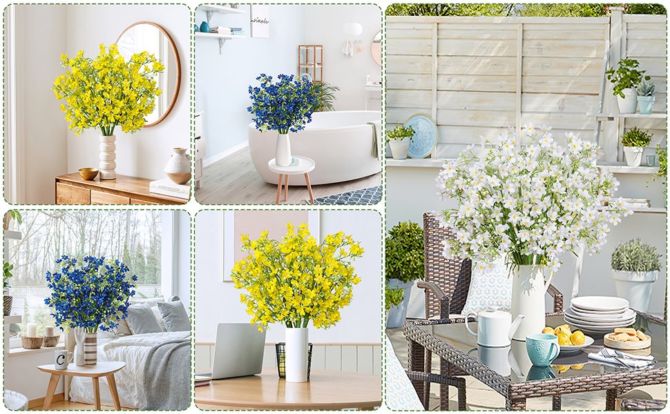 Collage of artificial baby's breath flower arrangements in various home settings and outdoors.