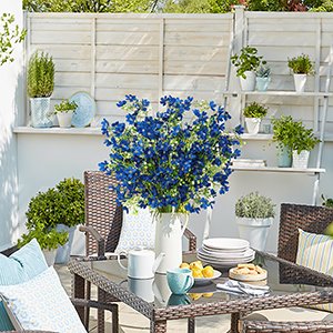 Bouquet of blue baby's breath flowers in a white pitcher on a glass-top patio table with chairs and potted plants.