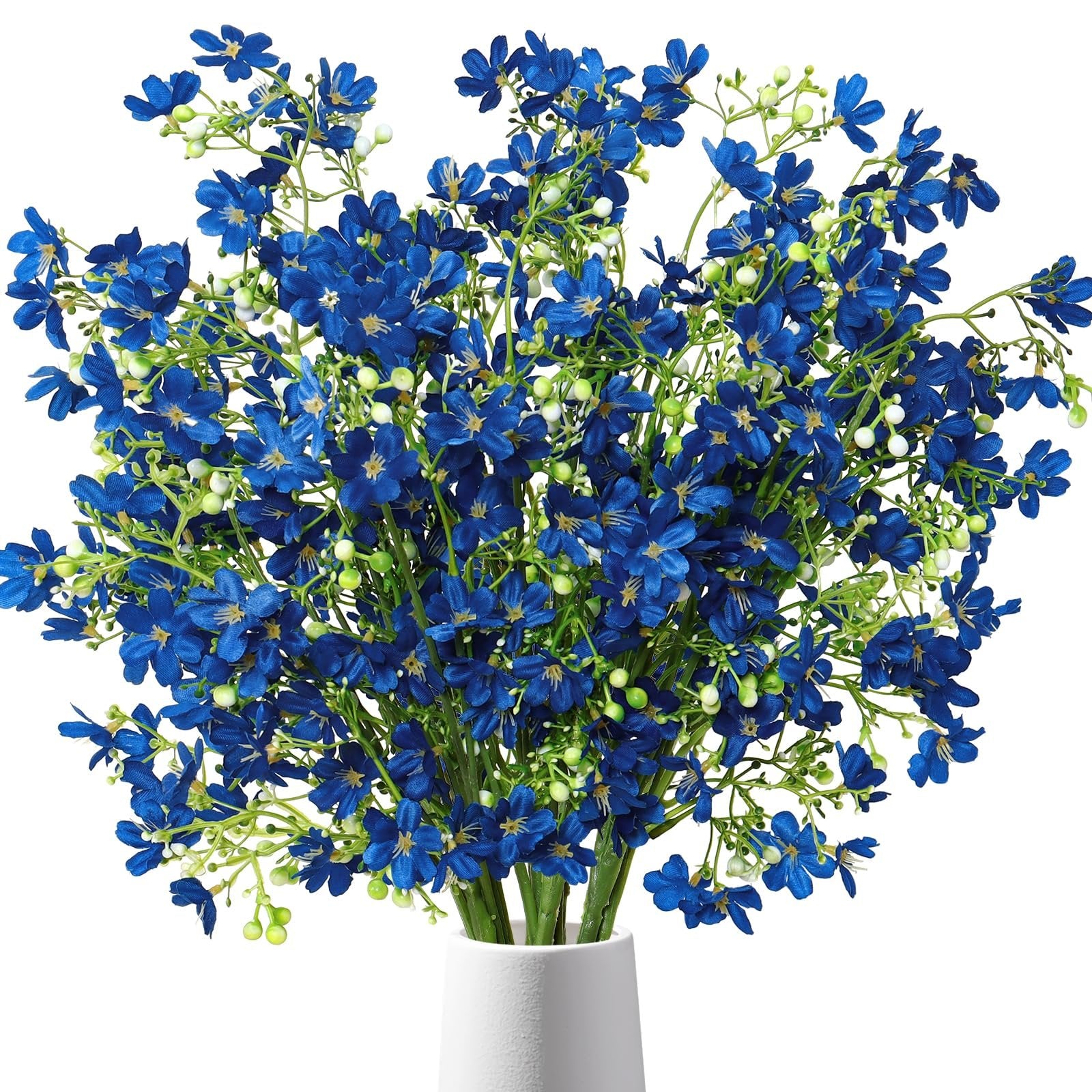 Bouquet of 10 blue baby's breath silk flowers in a white vase, close-up view