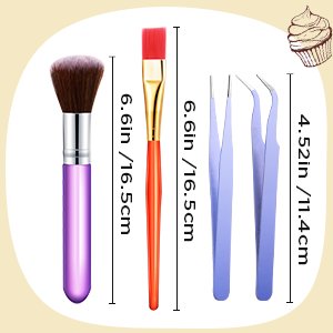 Cake decorating brushes and tweezers with size dimensions shown, plus a cupcake graphic in the corner.