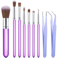 Set of 7 purple-handled makeup brushes and 3 purple tweezers arranged on a white background.