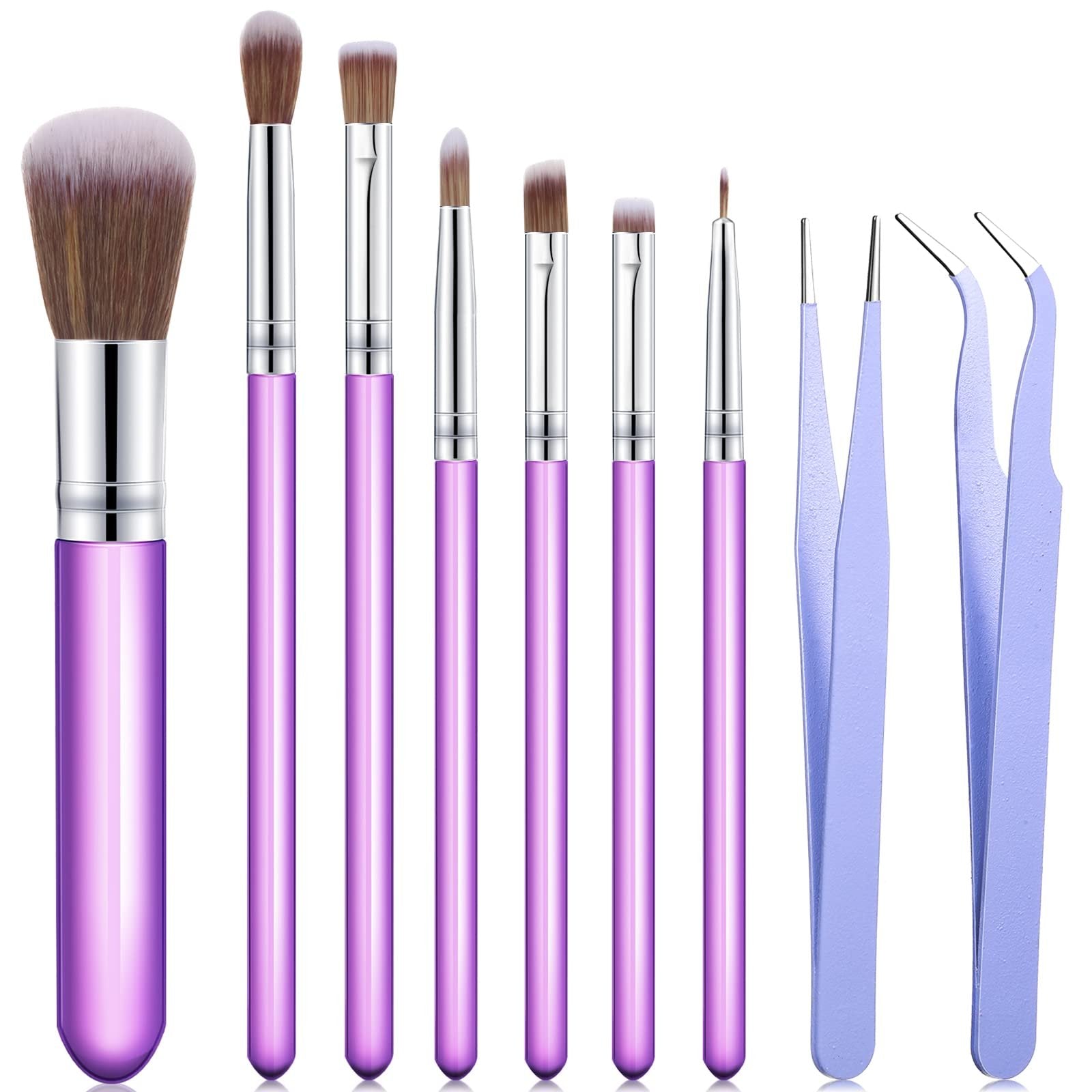 Set of 7 purple-handled makeup brushes and 3 purple tweezers arranged on a white background.