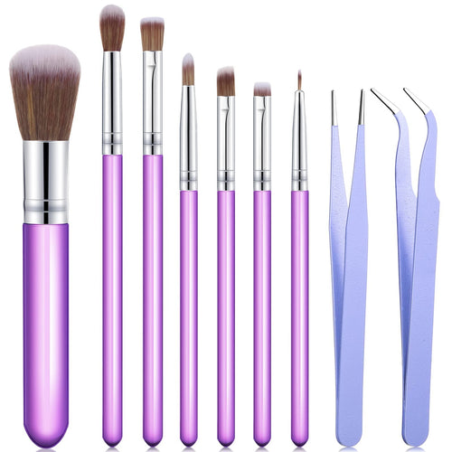 Set of 7 purple-handled makeup brushes and 3 purple tweezers arranged on a white background.