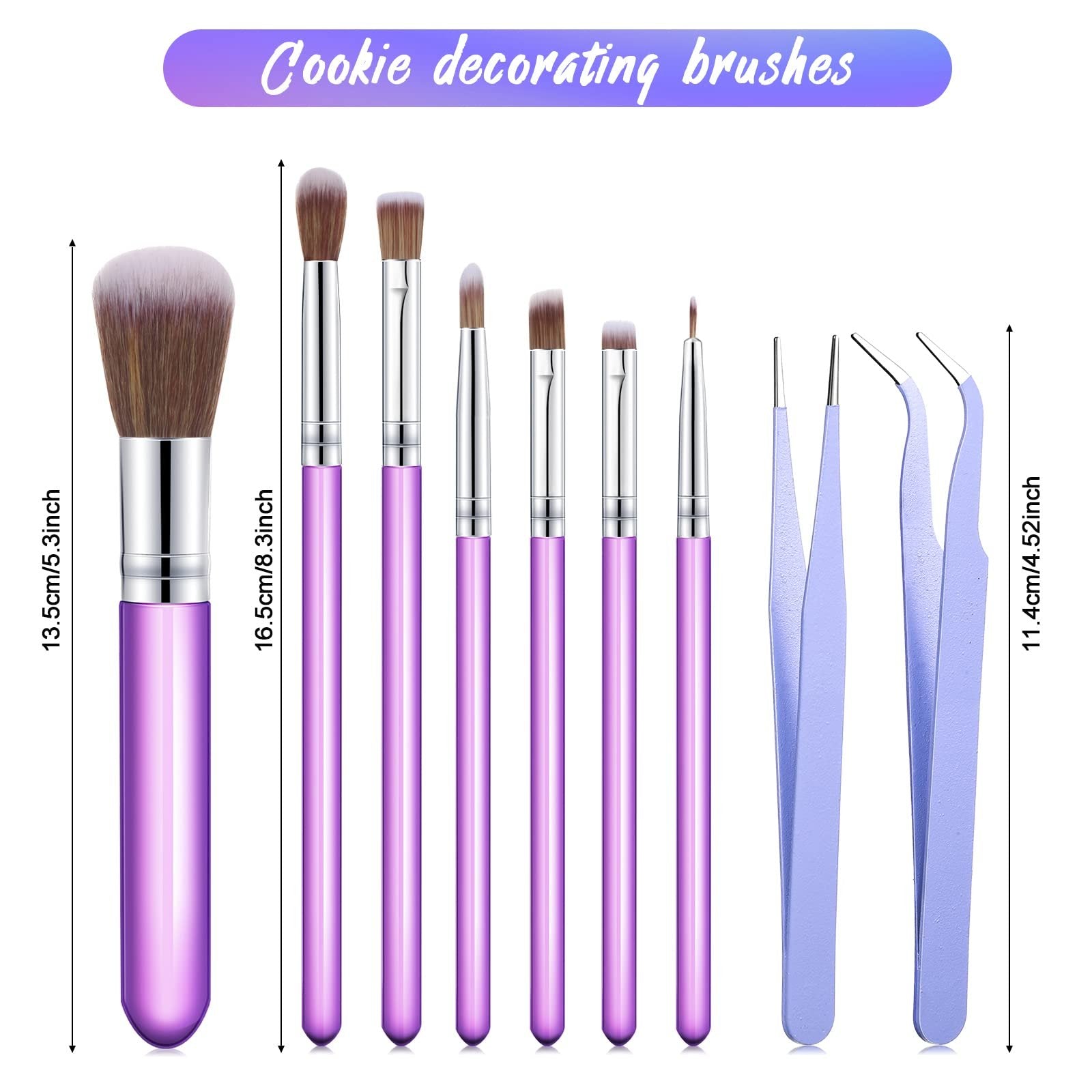 Set of 7 purple cake decorating brushes and 3 purple tweezers laid out with size indicators.